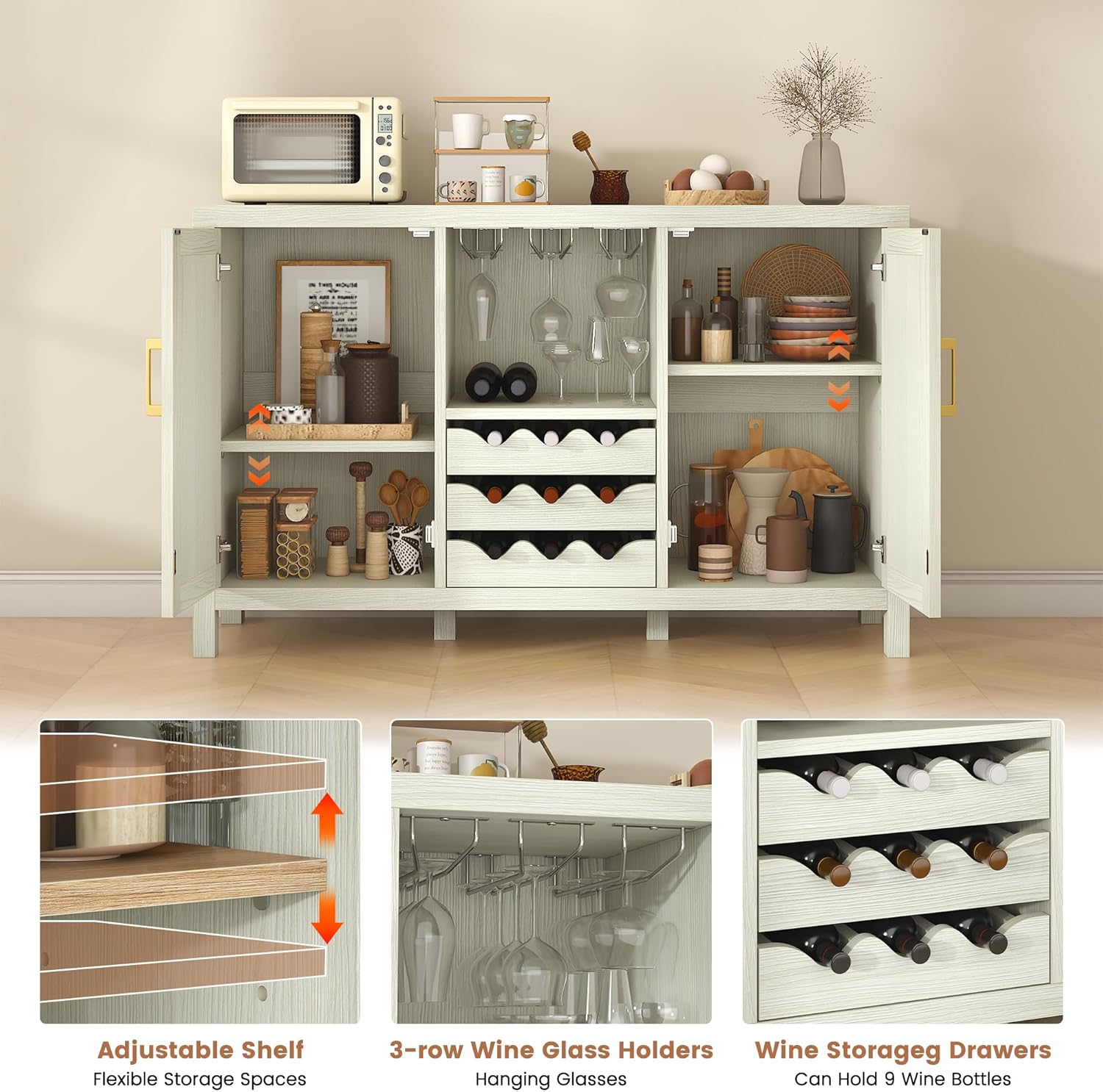Rattan Wine Bar Cabinet, Boho Rattan Home Bar with Glass Holder and Drawer Style Racks, Oak Sideboard Buffet Storage Cabinet for Living Dining Room Kitchen (White Oak)