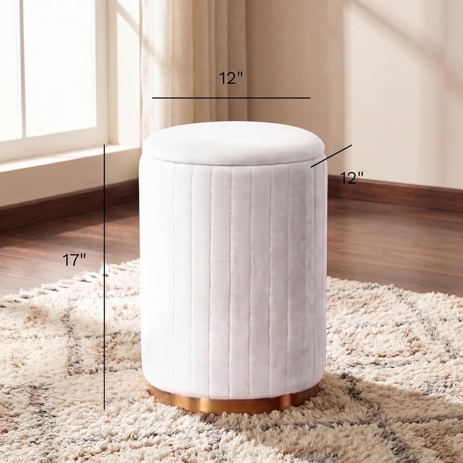 Boahaus Cersei White Velvet Vanity Ottoman with Hidden Storage, Makeup Chair for Vanity Desk, Elegant Foot Rest Stool with Gold Base for Bedroom, Living Room & Dressing Area (Pure White)