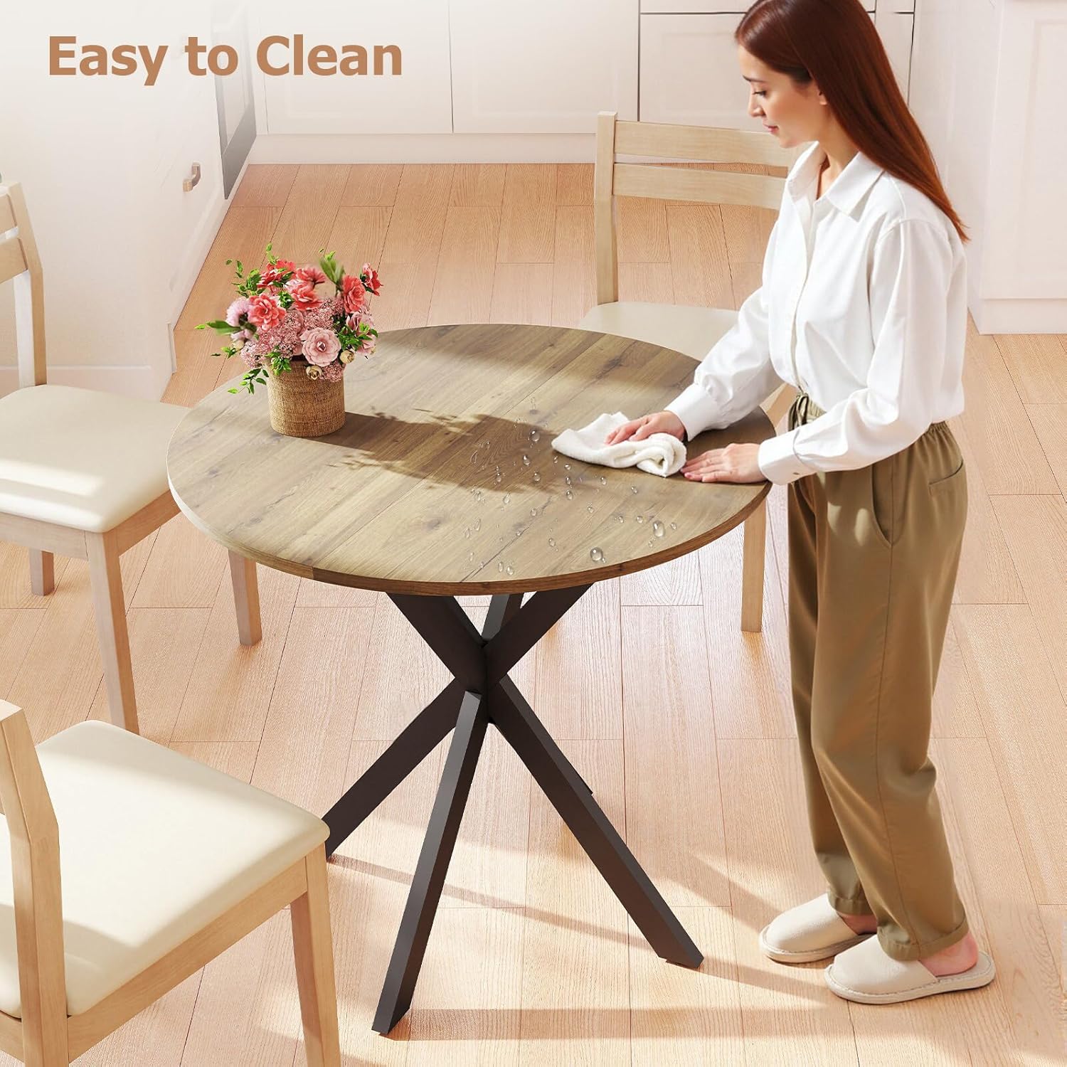 Zevemomo Round Dining Table, 31.5" Small Dining Table for 2-4, Round Kitchen Table with Metal Black Legs, Modern Round Dining Room Table for Kitchen, Apartment, Living Room, Brown