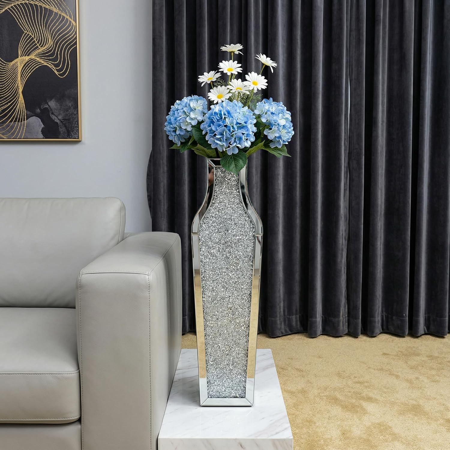 30" Large Double Sided Crushed Diamond Floor Vases,Tall Silver Mirrored Crystal Vase for Floor,Big Floor Vases Decorative Tall for Home,Office,Hotel(Silver,8.6" L x 5.3" W x 30" H)