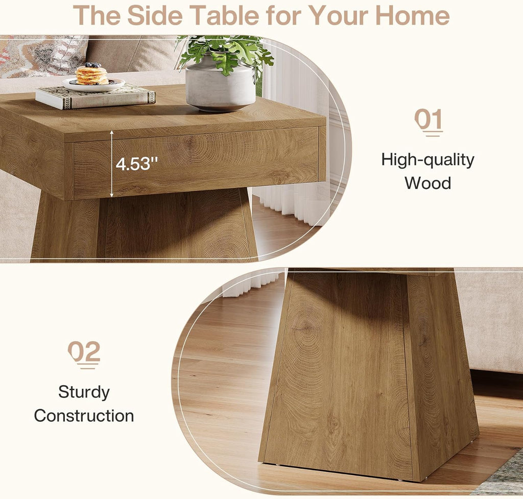 Tribesigns Small End Table, Rustic Square Side Table with Wide Base, Farmhouse Small Nightstand Beside Bed, Next to Armchair, for Living Room, Light Brown