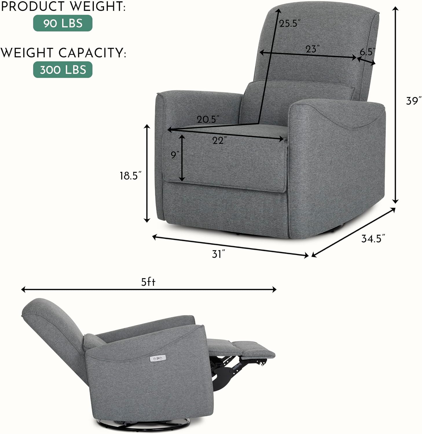 Evolur Belmont Nursery Glider Chair with Massager in Cosmic Grey, Power Recliner with 275° Swivel, Lumbar Support Modern Rocking Chair for Baby Room, Nursery & Living Room