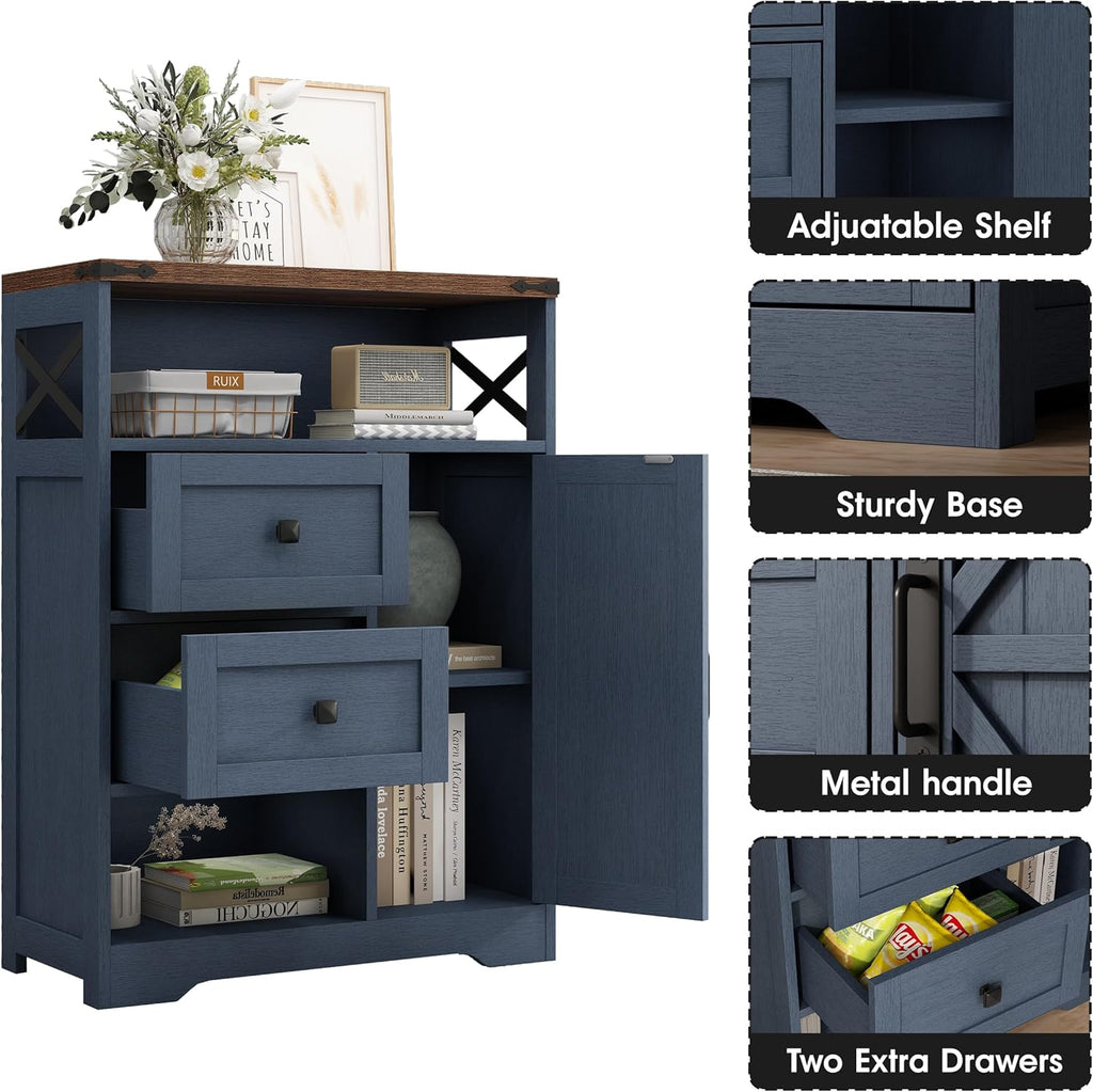 Fameill Farmhouse Storage Cabinet with 2 Drawers & Shelves, Freestanding Kitchen Cabinet with Doors, Floor Storage Organization for Living Room, Bathroom, Laundry, Blue, 27.5" L x 11.8" W x 37.5" H