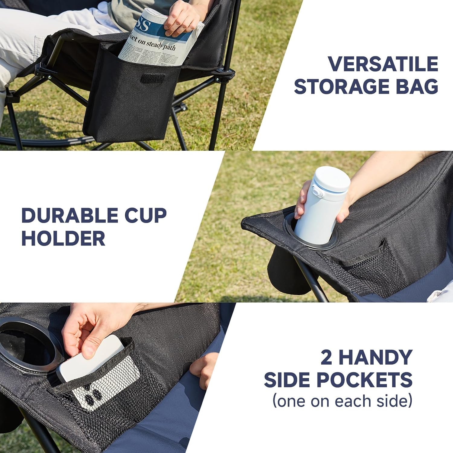 Youtanic Oversized Folding Rocking Camping Chair, Padded Portable Rocking Chair with Pockets, Cup Holder and Carry Bag, Heavy Duty Outdoor Rocker Patio Chair for Garden, Lawn, Up to 400lbs, Navy Blue