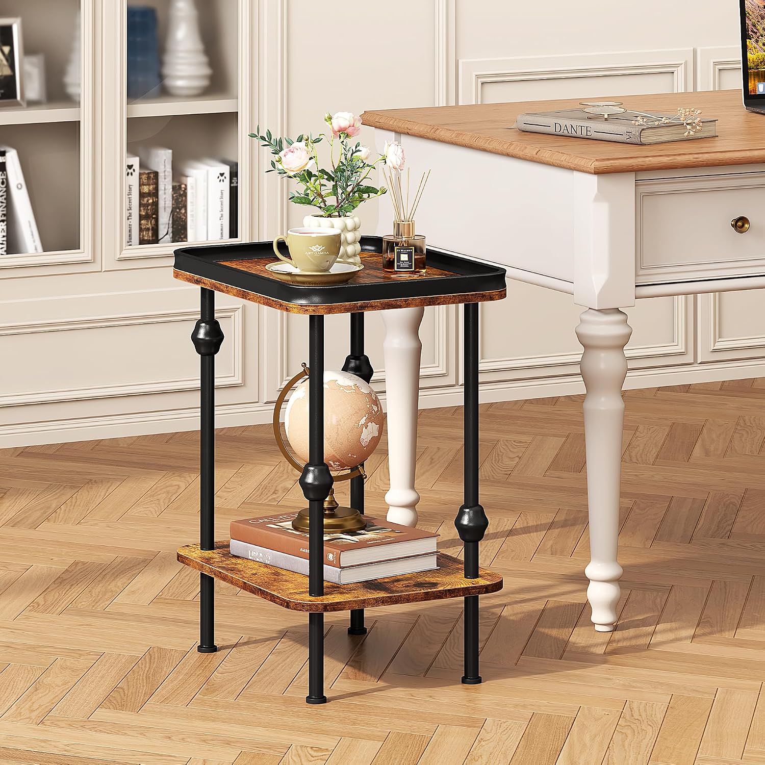 Farmhouse Rectangular Side Table with Storage Shelf,2 Tier End Table with Raised Edge Tray Top, Accent Sofa Table for Small Space, Living Room, Bedroom,Rustic Brown