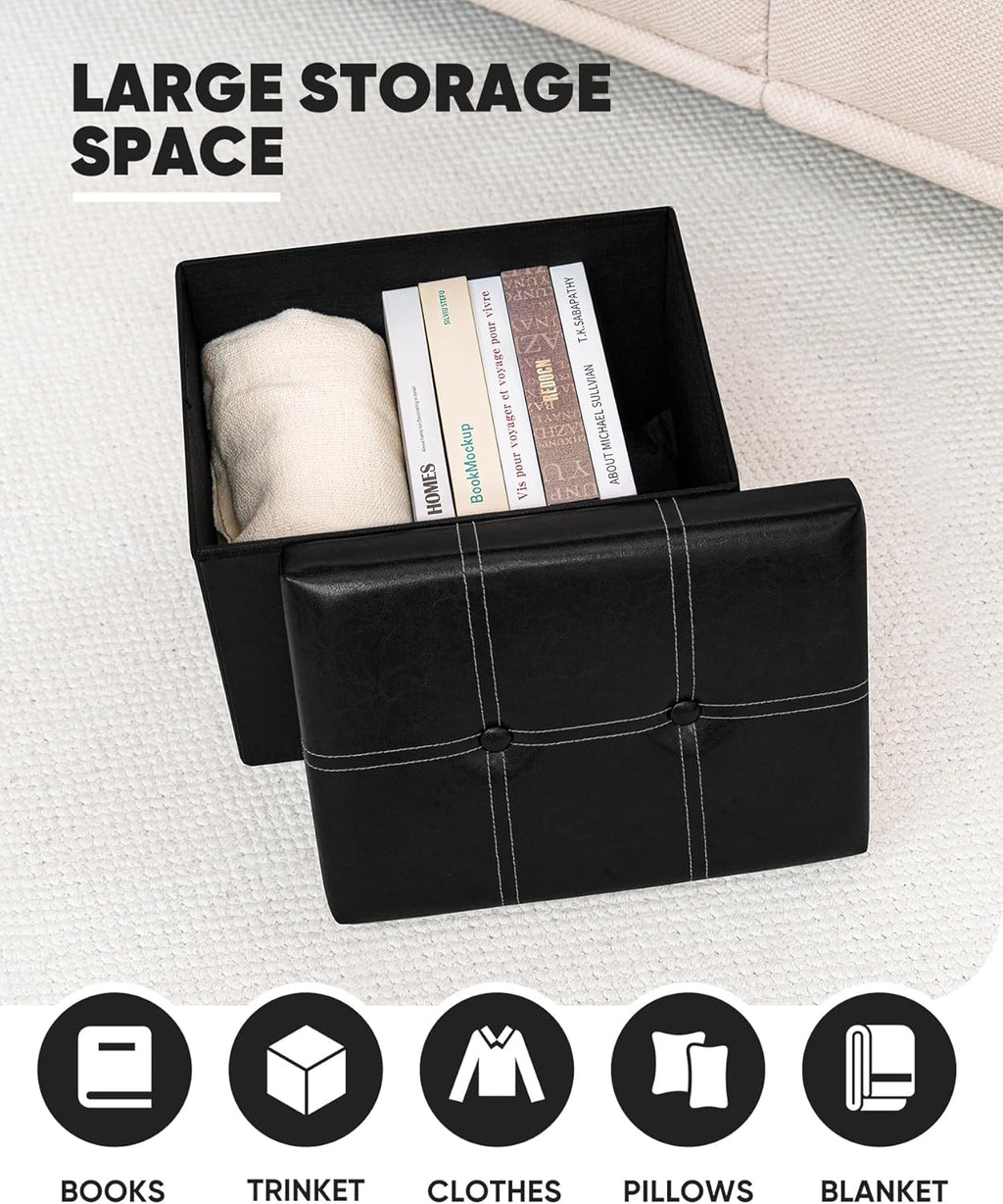 B FSOBEIIALEO Folding Storage Ottoman Cube, Faux Leather Footrest Seat Coffee Table, Black 16.5"x12.6"x12.6"