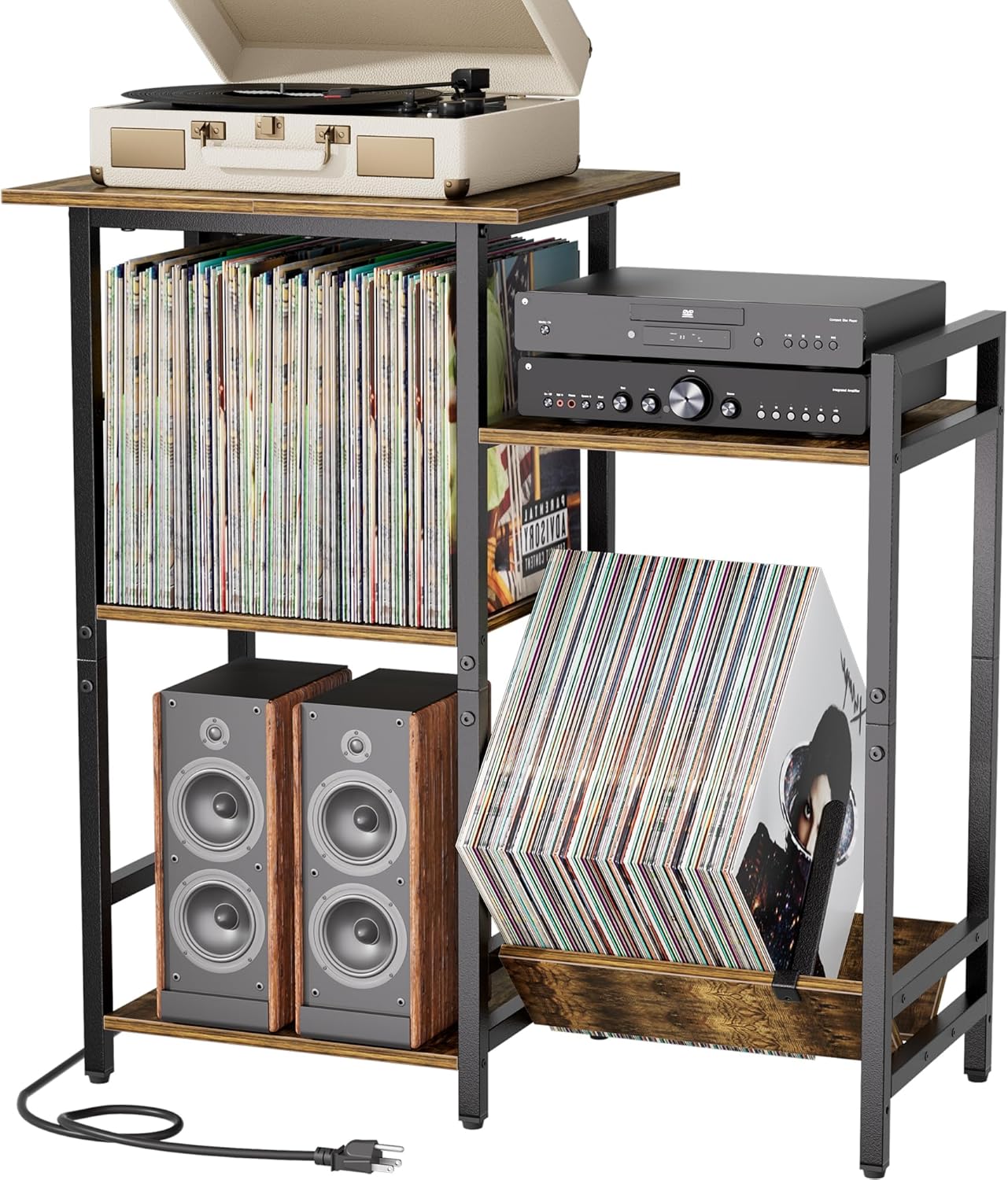 HYPIGO Record Player Stand with Power Outlets, Turntable Stand with Vinyl Record Storage Holds 300+ Albums, Record Player Table with Vinyl Display Holder for Living Room