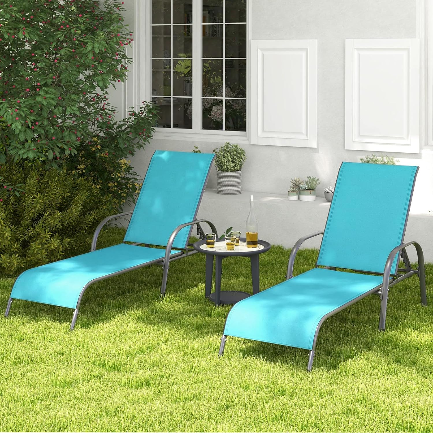 Tangkula Outdoor Lounge Chairs Set of 2, Patio Chaise Lounge with Adjustable Backrest, Reclining Pool Lounge Chairs for Outside with Heavy Duty Steel Frame for Beach, Yard, Balcony, Poolside