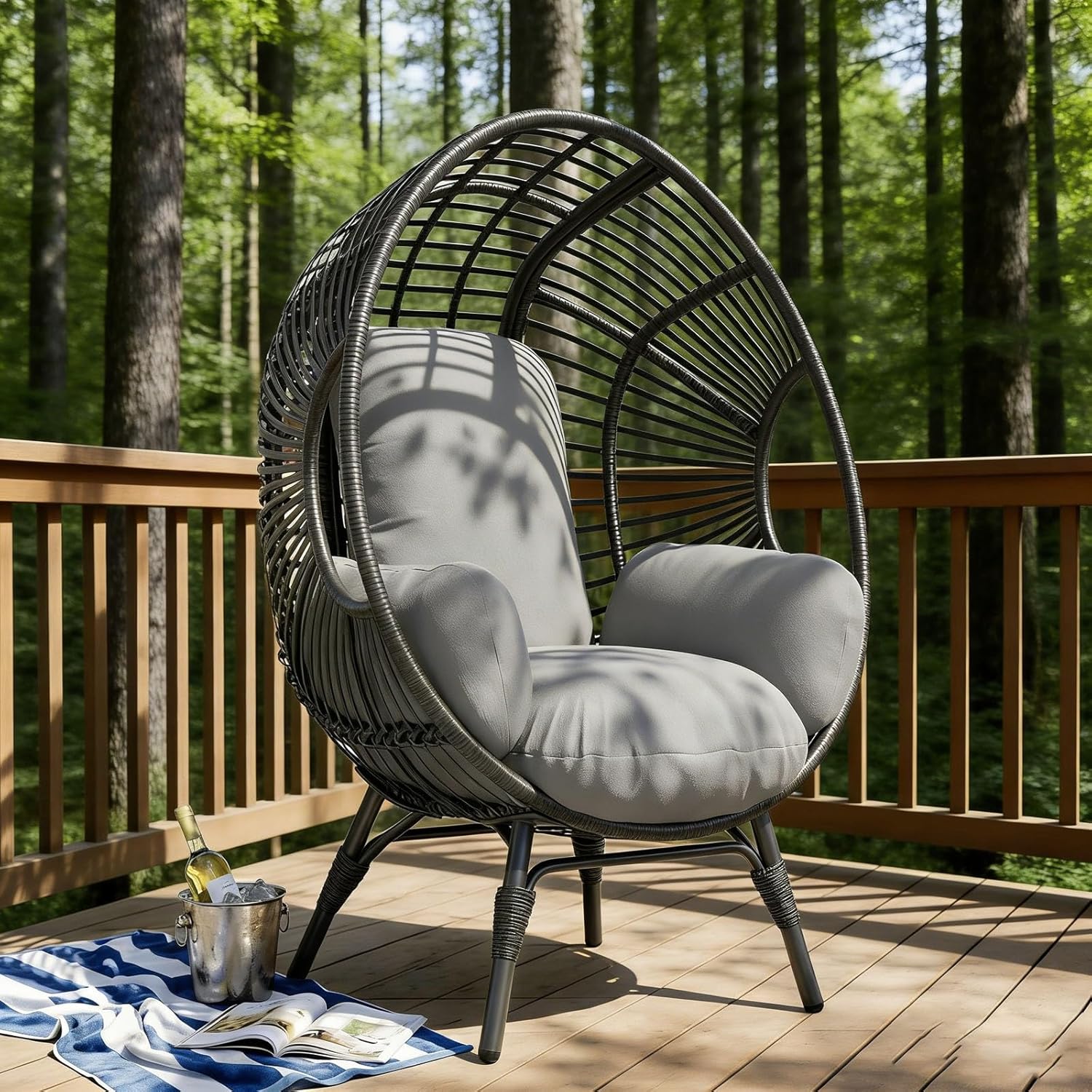 Egg Chair Wicker Balcony Chairs, 400lbs Capacity, Indoor Outdoor, 8-Inch Comfort Cushion(Black+Gray)