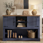 LIKIMIO Farmhouse Entryway Table with Power Outlets, 47.2" Rattan Console Table with Adjustable Storage Shelves & Rattan Doors Cabinet, Sofa Table for Entry, Living Room, Hallway, Foyer, Blue