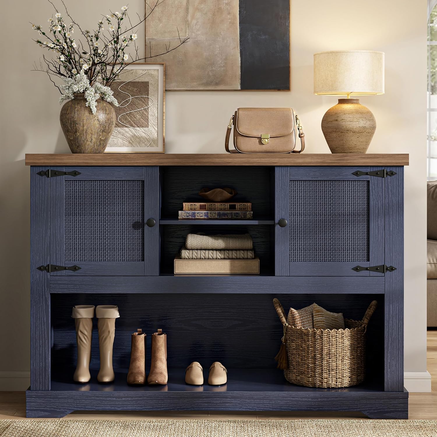 LIKIMIO Farmhouse Entryway Table with Power Outlets, 47.2" Rattan Console Table with Adjustable Storage Shelves & Rattan Doors Cabinet, Sofa Table for Entry, Living Room, Hallway, Foyer, Blue