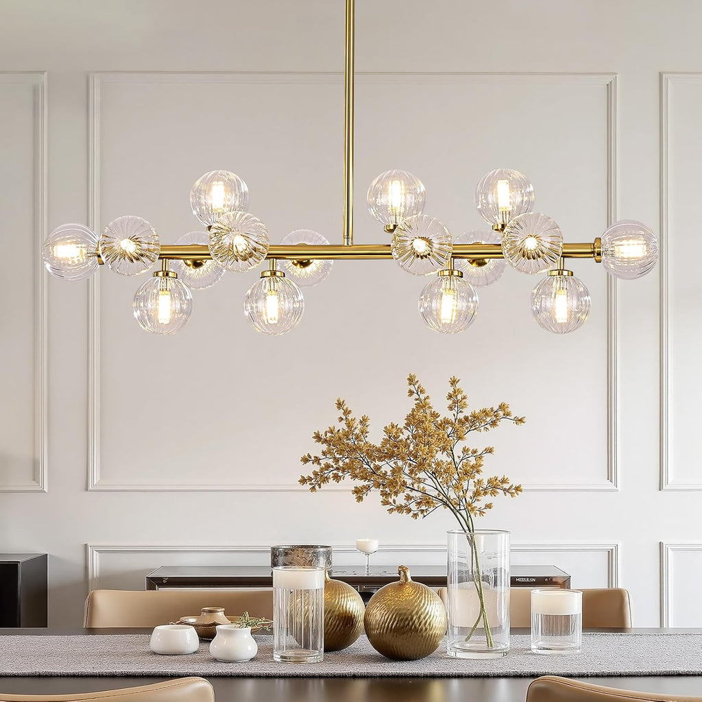 Mid Century Modern Glass Globe Sputnik Chandelier with Clear Bubble, 16-Light Large Linear Chandeliers for Dining Room Kitchen Island Living Room, Gold Dining Light Fixture Over Table
