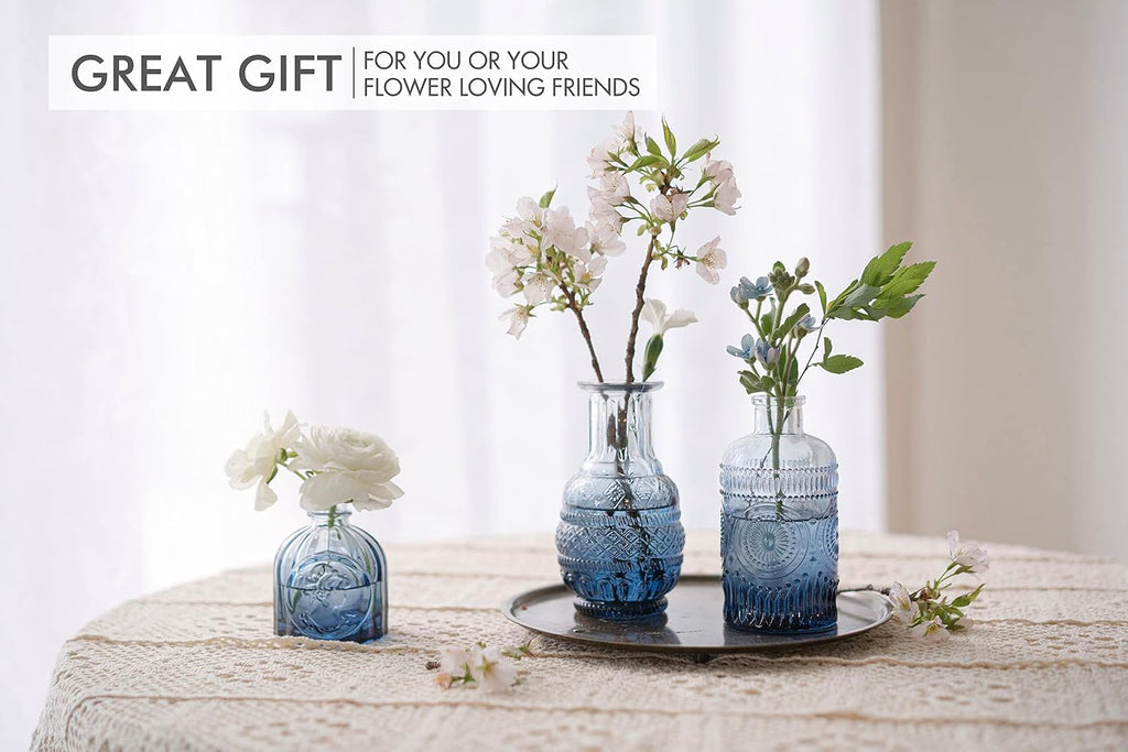 Blue Glass Bud Vase Set of 10 - Small Vases for Flowers, Bud Vases in Bulk, Cute Glass Vases for Centerpieces, Mini Vintage Vase for Wedding Decorations, Table Flower Decor …