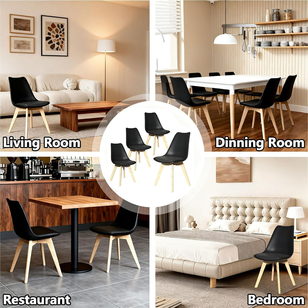 Dining Chairs Set of 8, Mid-Century Kitchen & Dining Room Chairs with Wood Legs and Cushion, Leather Dining Chairs Set for Living Room, Kitchen, Black 8 Pack