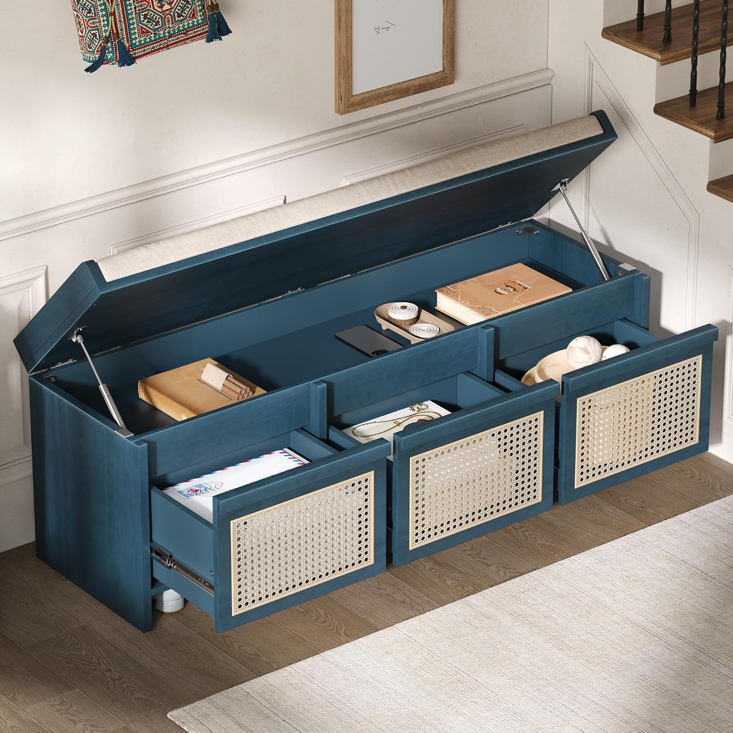 SOFTSEA 48" Shoe Storage Bench with Cushion, 2-Tier Entryway Bench with 3 Rattan Storage Drawers & Lift Top Storage, Retro Shoe Cabinet for Hallway, Bedroom, Living Room, Navy