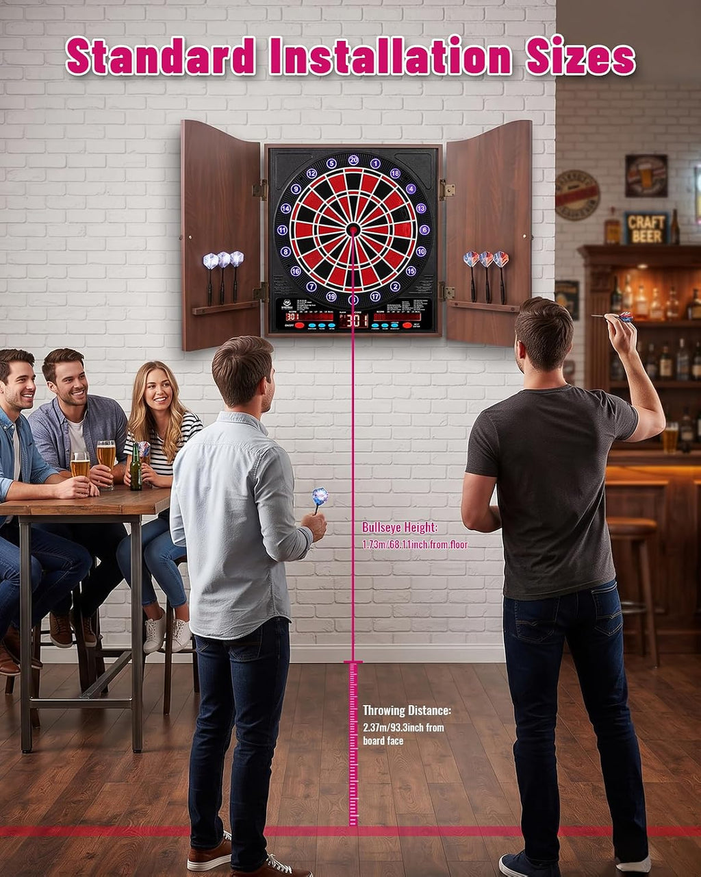 Electronic Dart Board with Cabinet Set, Dartboard with 8-Player Color Light | 3 Large LCD Displays with 34 Games, Automatic Scoring, 12 Darts+100 Tips, Great Gift for Man Cave Game Room Home Bar