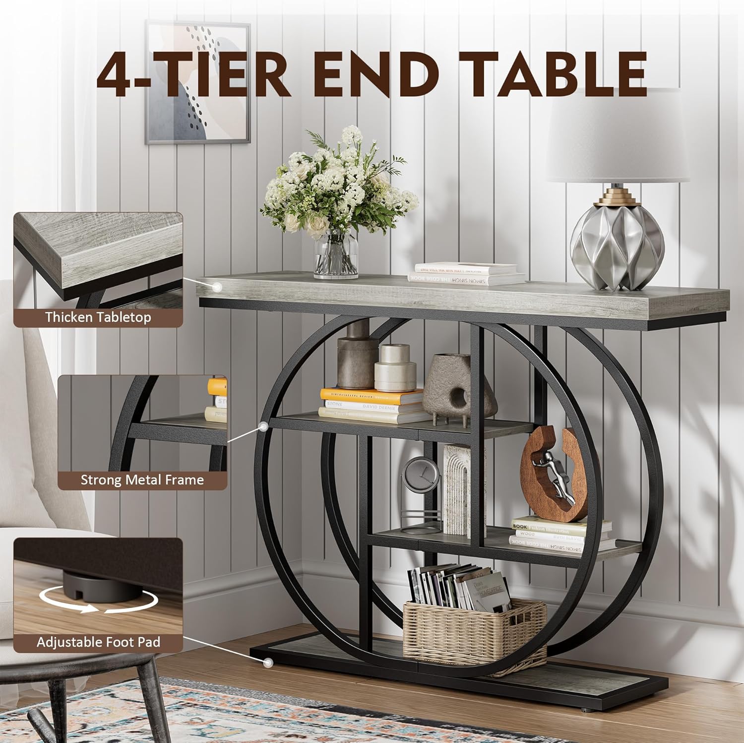 41.3" Console Table, Modern Sofa Table with Circle Base, 4-Tier Narrow Entryway Table for Hallway, Slim Industrial Accent Table with Storage Shelves for Living Room, Grey