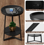 Gadroad Round End Table with Charging Station, Wood Tabletop & Black Metal Frame, 2 Tier Farmhouse Side Table Nightstand for Living Room, Bedroom, Black 15.7 * 15.7 * 23.0inches