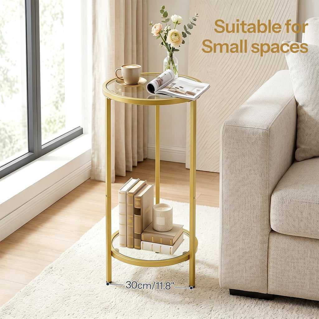HOOBRO Small Round Side Table, Gold Accent End Table with Tempered Glass Tabletop, 28” H Nightstand for Small Space, Living Room, Bedroom, Balcony, Gold GD228BZ01