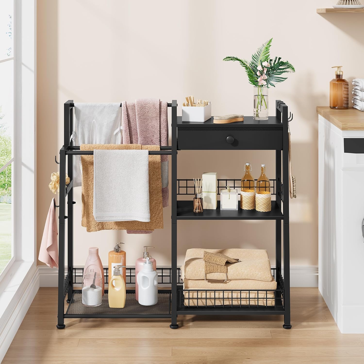 Gewudraw 2-in-1 Bathroom Ladder Shelf, 3-Tier Freestanding Towel Shelf with Drawer & Hooks, Storage Organizer for Bathroom, Laundry Room, Living Room, Balcony, Black
