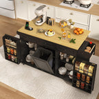 St.Mandyu 63 inch Rolling Kitchen Island with Power Outlet, Drop Leaf & Storage Cabinet - Mobile Cart with Hidden Trash Cabinet, Spice Rack, Shelves, and Towel Holder for Small Spaces,Black