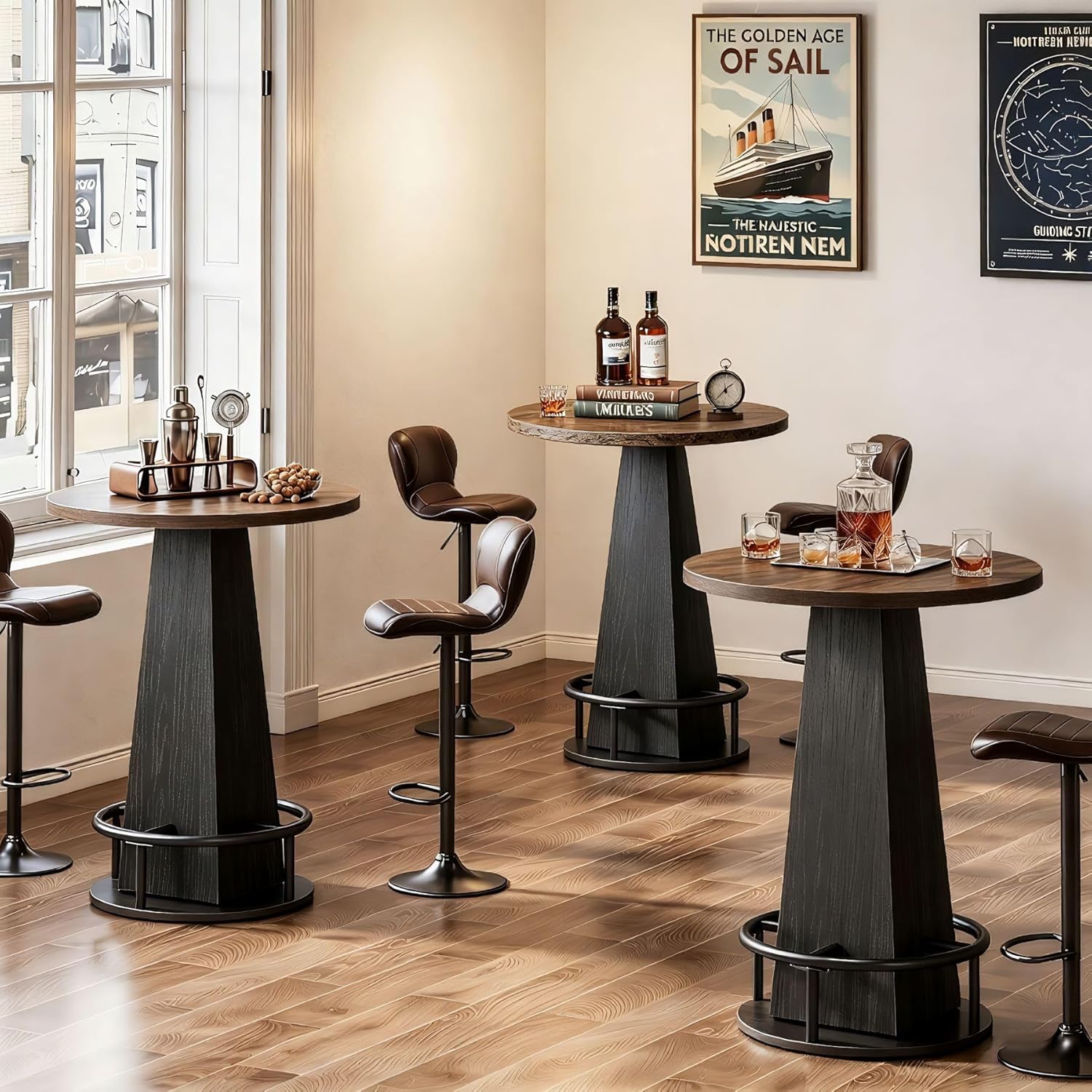 Tribesigns Round Bar Table, 37.4" High Pub Table with Metal Footrest, Drink Bar Station for Small Bars, Dining Room, Kitchen, Brown and Black