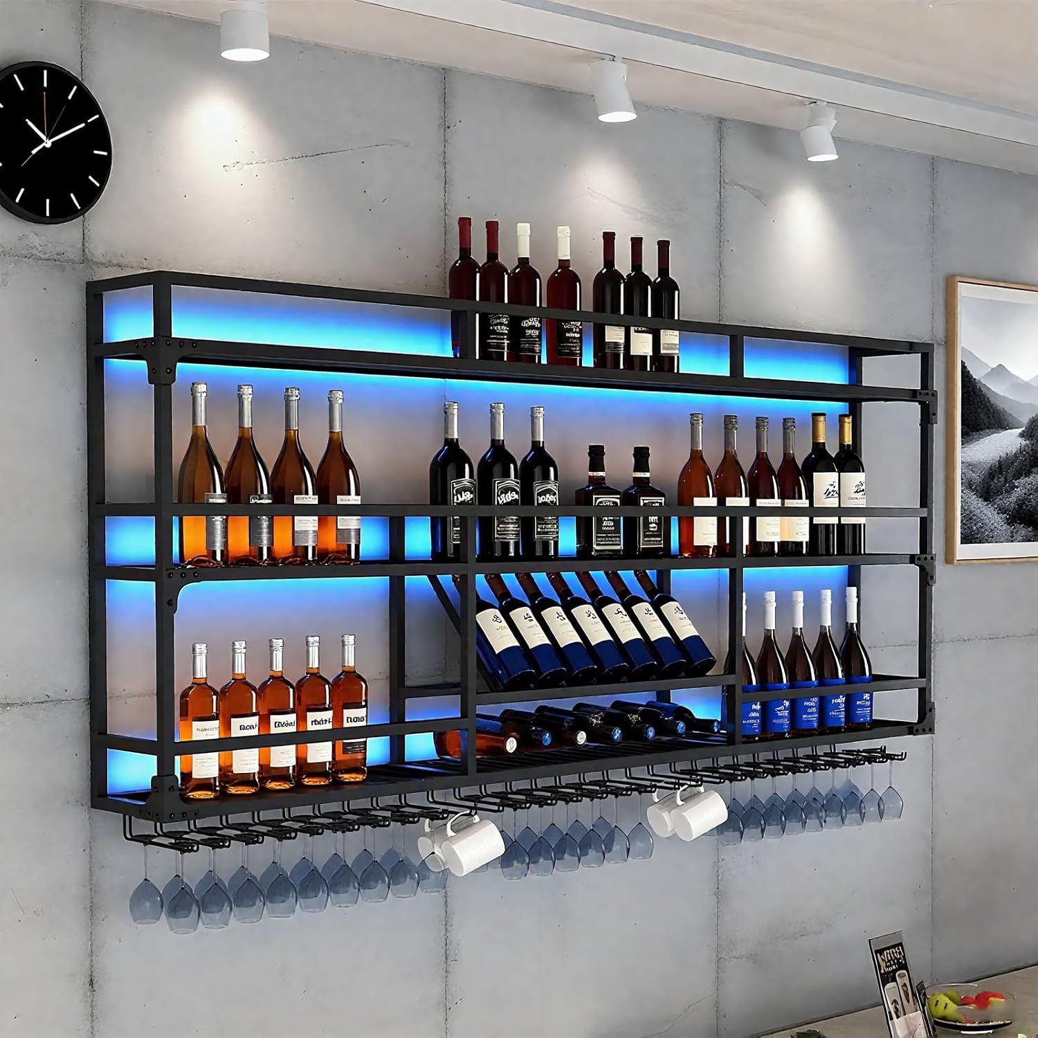 47in Wall Mounted Wine Rack with LED Lights, 3-Tier Heavy Duty Metal Wine Bottle Display Shelf w/Hanging Rack, Wall-Mounted Wine Storage Organizer for Home/Bar/Cafe (B-BLACK, 47.2 * 10 * 35.5IN)