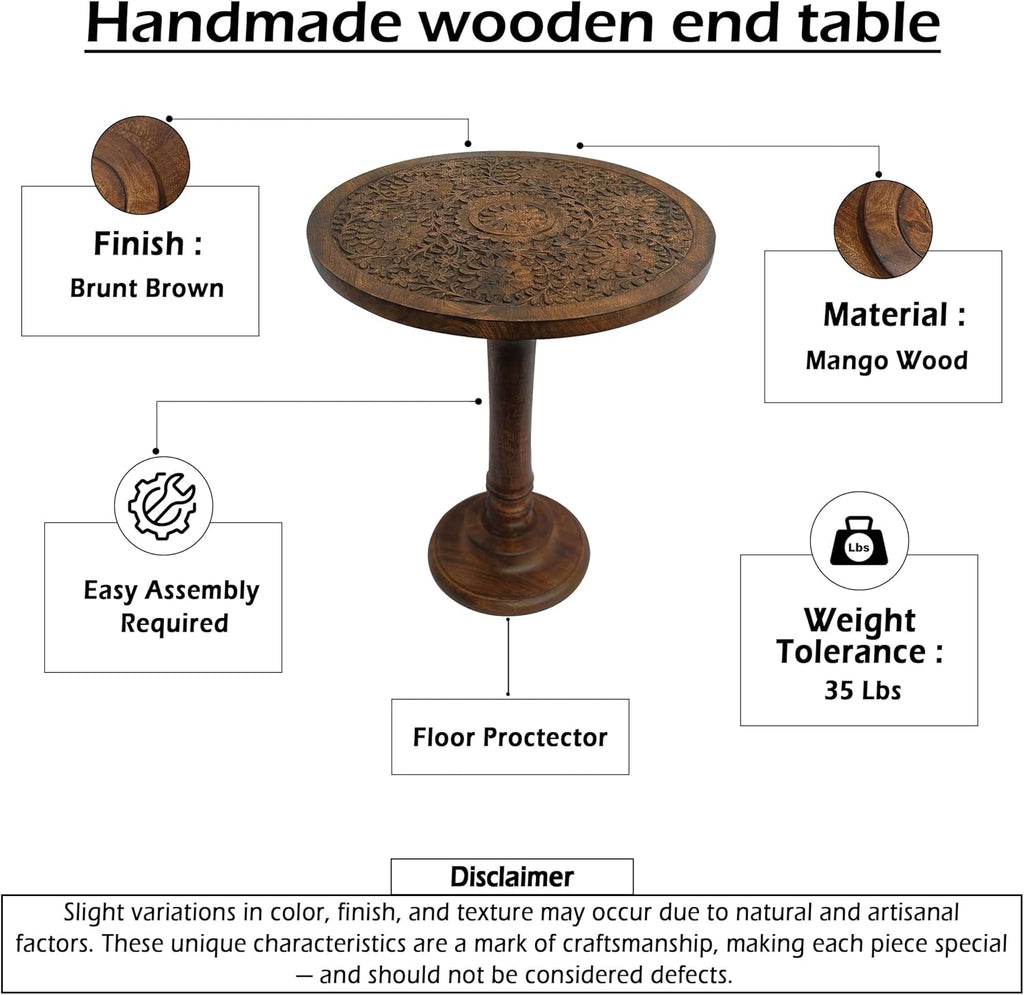 TUP THE URBAN PORT Ari 22 Inch Side End Table, Round Top, Hand Carved Indian Mandala Boho Accent, Brown Mango Wood