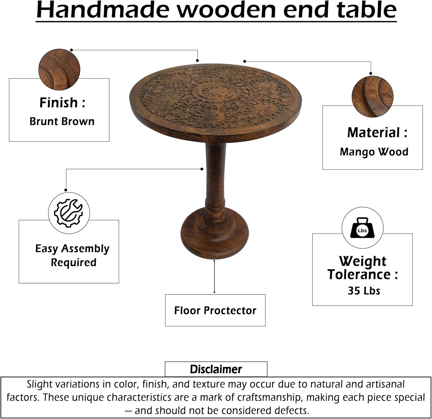 TUP THE URBAN PORT Ari 22 Inch Side End Table, Round Top, Hand Carved Indian Mandala Boho Accent, Brown Mango Wood