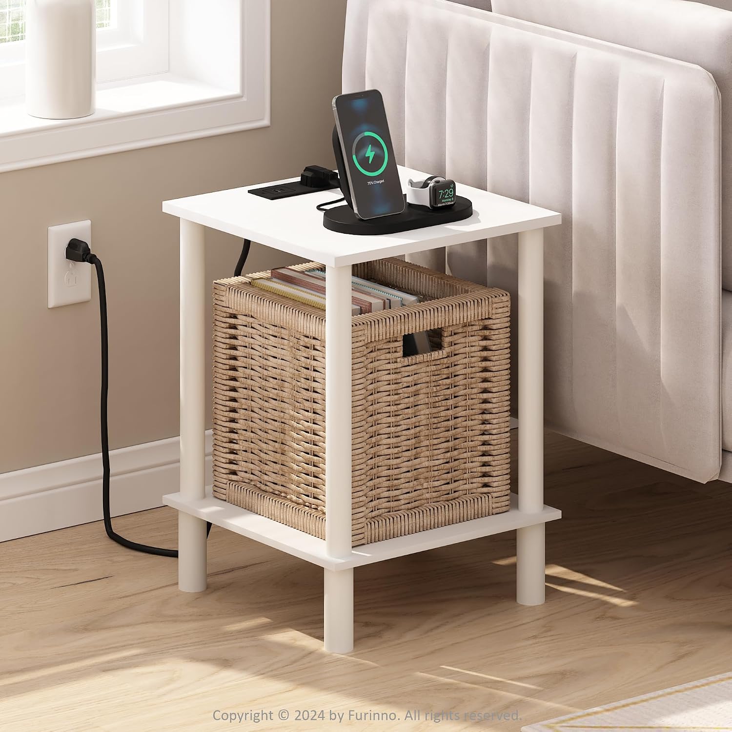 Furinno Turn-N-Tube Side Table, 2-Tier Square End Table with Charging Station, Night Stand, Bedside Table with USB and Type-C Port, for Living Room, Bedroom, White