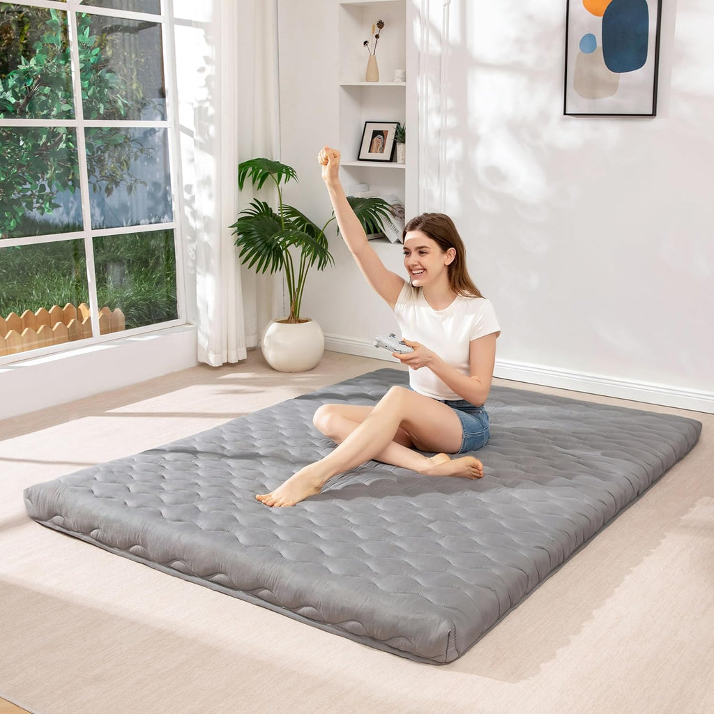 MAXYOYO Japanese Floor Futon Mattress Full Size, 3" Thicken Tatami Sleeping Pad Foldable Roll Up Mattress, Portable Floor Mattress Pad for Adults, Guest Room, Camping, Grey