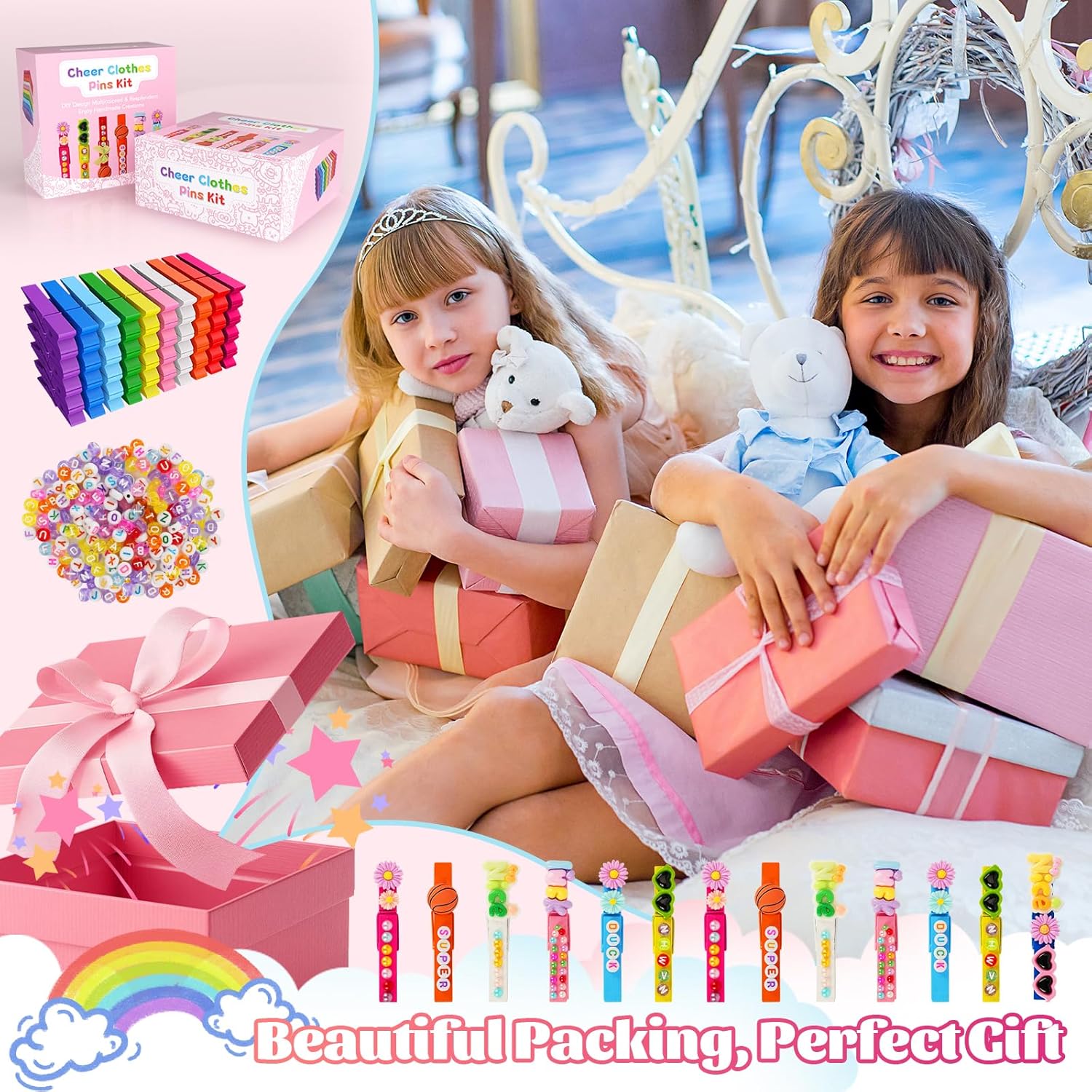 50 Set Personalized Cheer Pins Spirit Clip Kit, Wooden Color Clothespins with 200 Beads, 58 Resin Charms & Gem Stickers, DIY Team Spirit Pins Making Kit for Sports Party, Classroom & Cheer Events