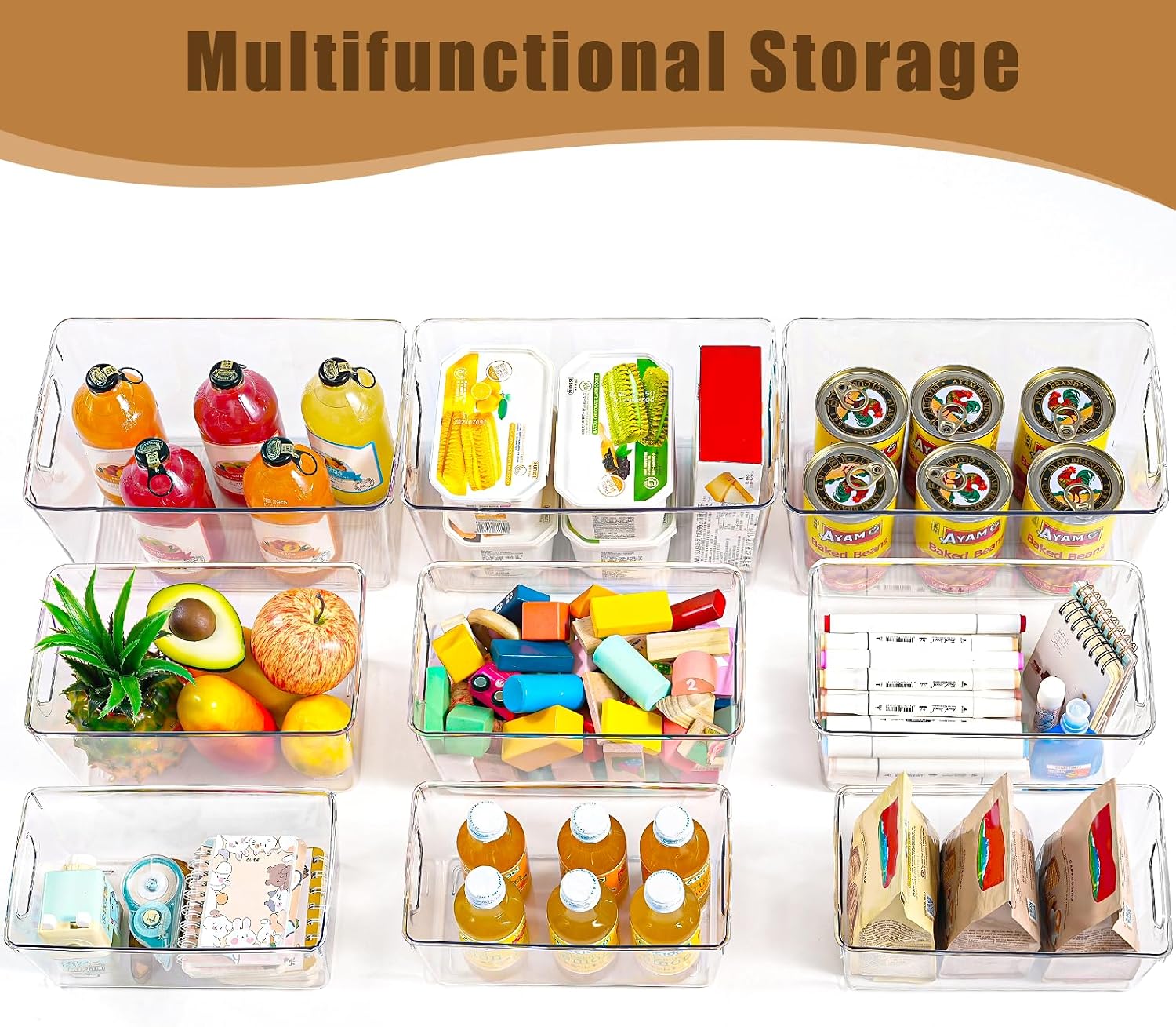 Freebat 12 Pack Organizers and Storage, Pantry Organization and Storage Bins, Cabinet Organizer, Clear Plastic Storage Containers with Handle，Acrylic Storage Bins (4 Small&4 Middle&4 Large