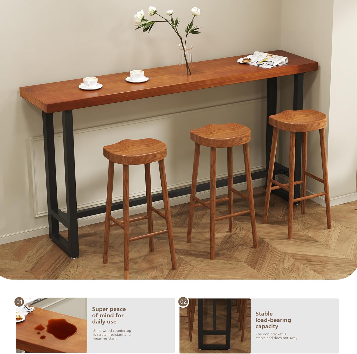 quanzhoulong47in Dark Brown Solid Wood Bar Height Pub Table - Built-in Footrest, Solid Wood Top & Sturdy Metal Legs | Counter Height Dining Table for Kitchen, Bistro & Dining Spaces (47in)