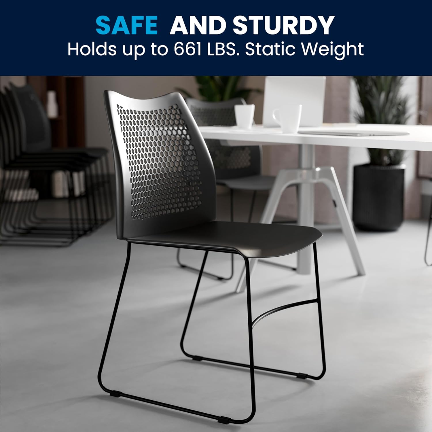 Flash Furniture Hercules Series Contoured Lobby Chairs with Air-Vent Honeycomb Backs, Ergonomic Stacking Chairs for Offices, Set of 5, Black