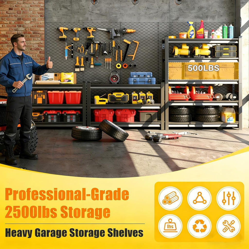 5 Tier Adjustable Heavy Duty Metal Garage Shelving Unit, Industrial Utility Storage Rack, Sturdy Steel Organizer for Workshop Warehouse Household Use, 2500 LBS Capacity