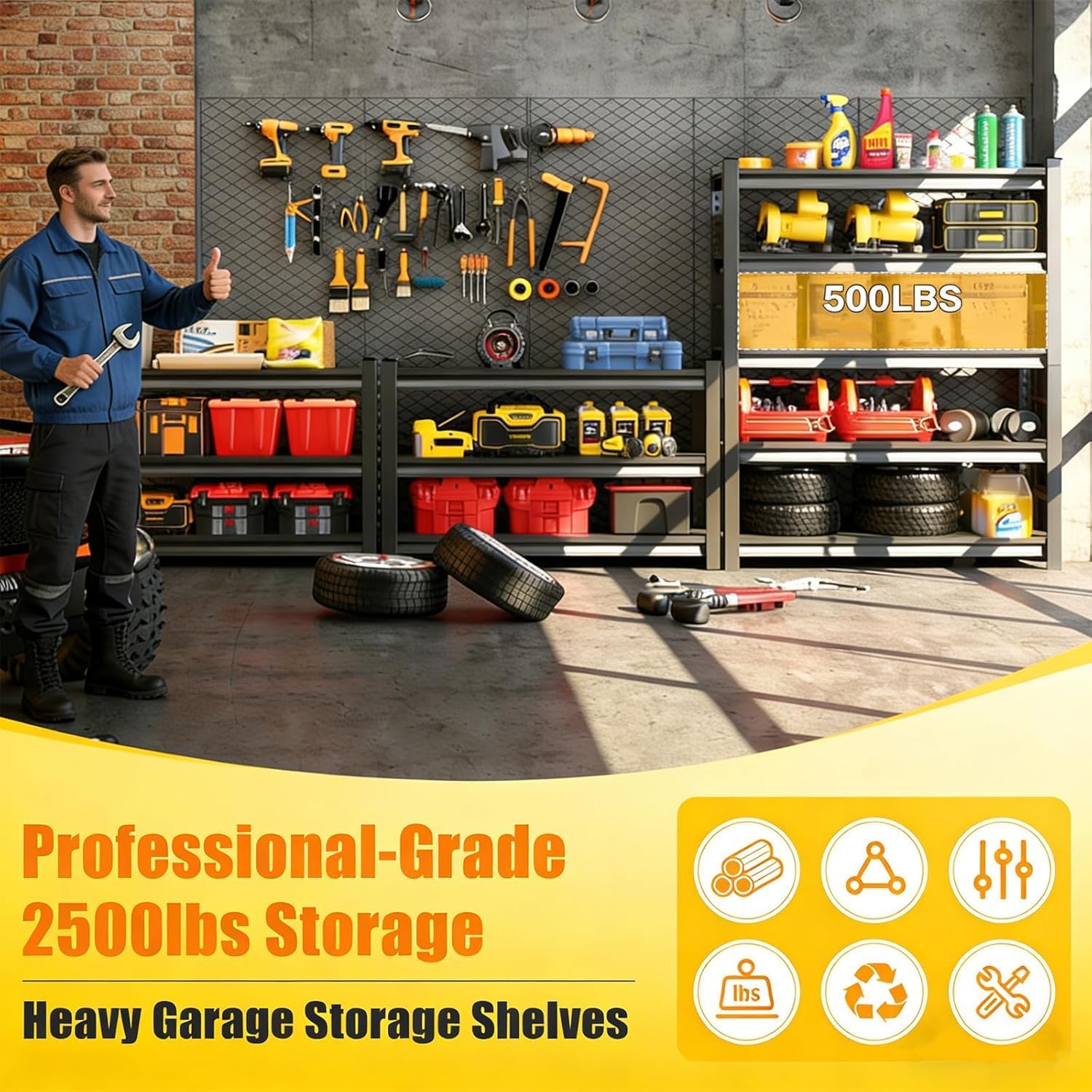 5 Tier Adjustable Heavy Duty Metal Garage Shelving Unit, Industrial Utility Storage Rack, Sturdy Steel Organizer for Workshop Warehouse Household Use, 2500 LBS Capacity