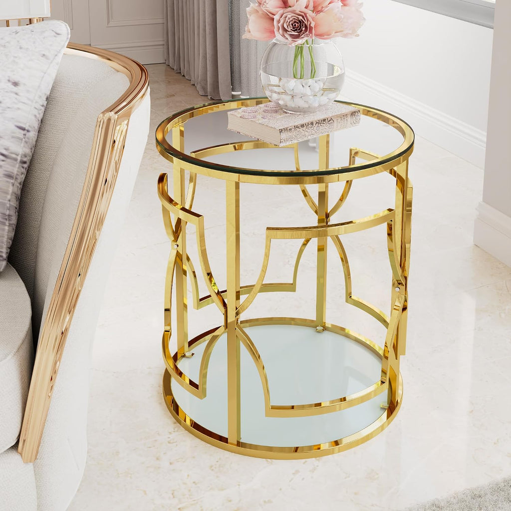 Polibi 19.7" Round Gold Metal End Table with Tempered Glass Top & 2-Tier Shelf, Luxury Side Table for Living Room, Bedroom, Small Apartment, Office (Transparent)