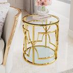 Polibi 19.7" Round Gold Metal End Table with Tempered Glass Top & 2-Tier Shelf, Luxury Side Table for Living Room, Bedroom, Small Apartment, Office (Transparent)