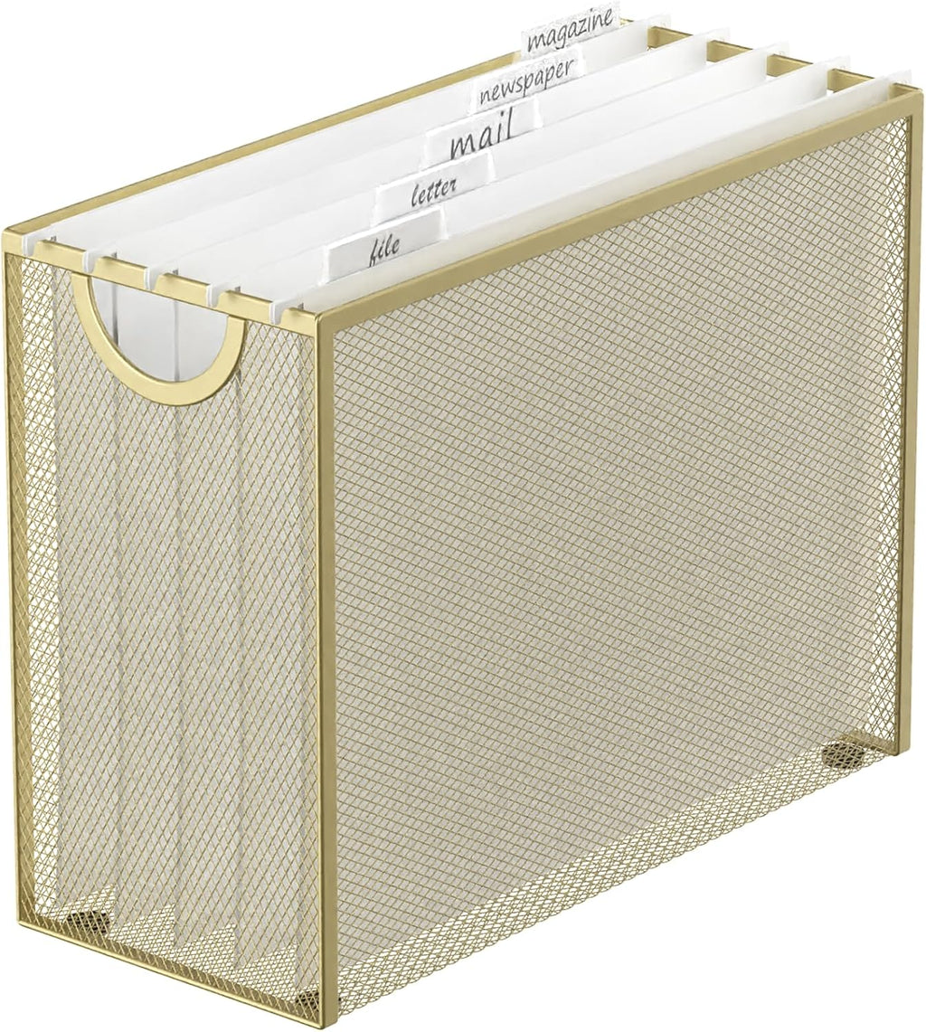 Sinboun Hanging File Organizer Letter-Size File Holder Filing Box Includes 5 Hanging Folders - Metal Mesh Magazine Letter Storage Cabinets File Cart for Office Home School, No Assembly Required Gold