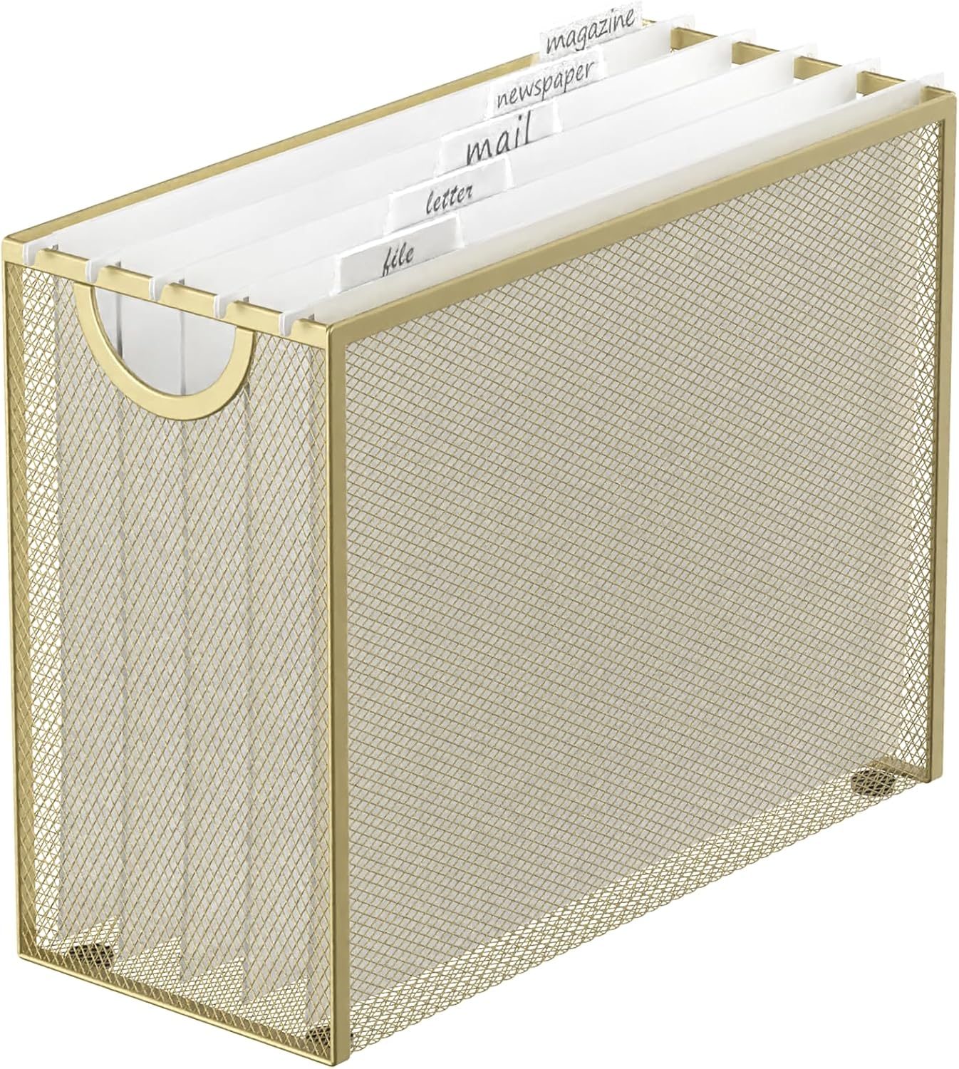 Sinboun Hanging File Organizer Letter-Size File Holder Filing Box Includes 5 Hanging Folders - Metal Mesh Magazine Letter Storage Cabinets File Cart for Office Home School, No Assembly Required Gold