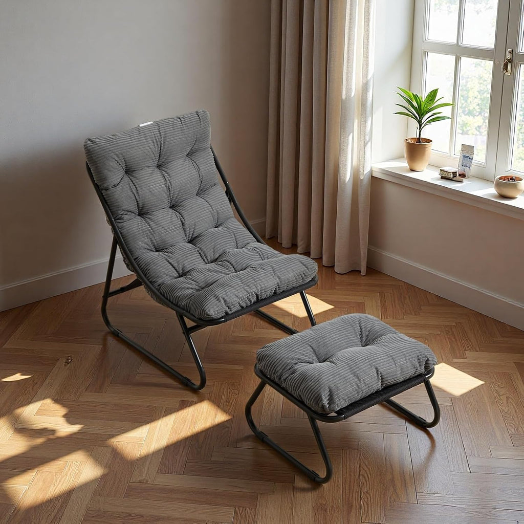 Patio Outdoor Lounge Chair with Ottoman, Armless Lounge Chair with Black Metal Frame & Cushion, Corduroy Upholstered Tufted Accent Chair with Matching Ottoman for Living Room, Grey