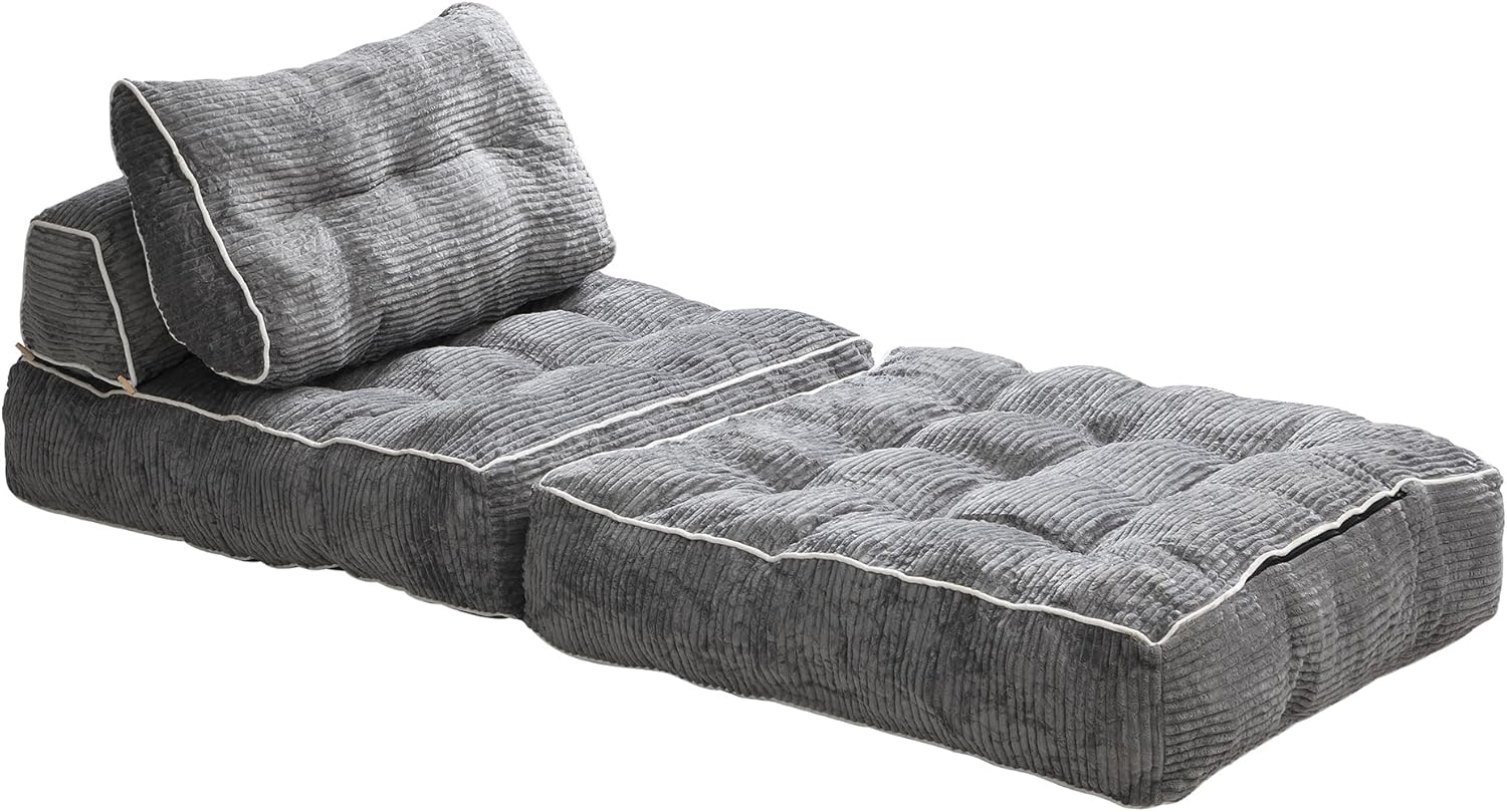 Convertible Foldable Sofa Bed with Pillow & Back Support, Portable Fold Out Floor Lounge for Living Room Bedroom, Dark Grey