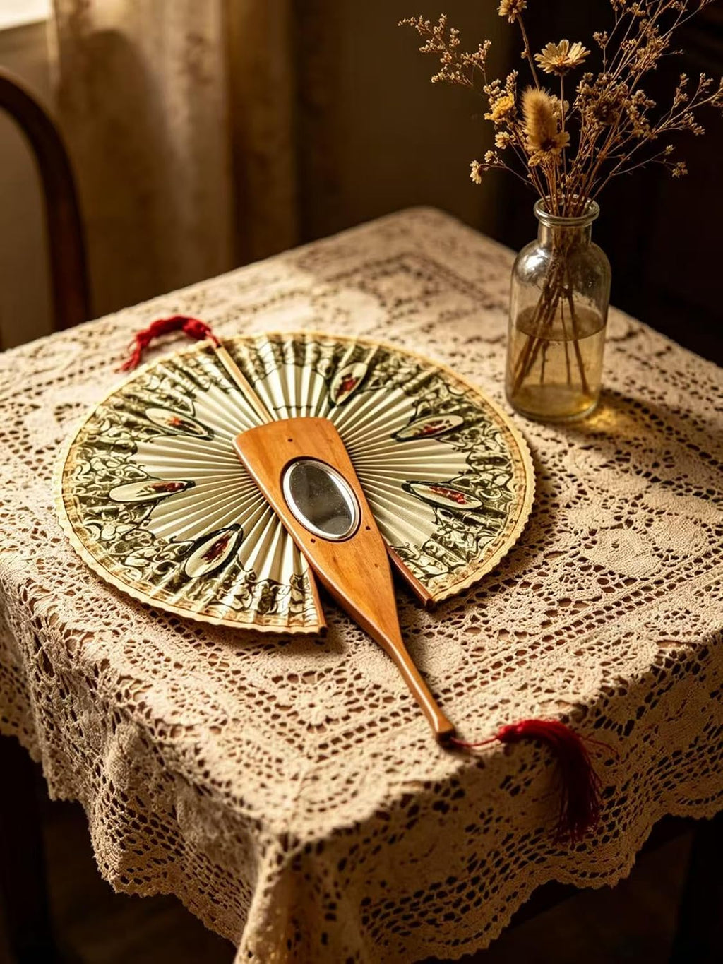 Antique Mirrored Mechanical Folding Fan for Women | Vintage Olive Wood, Swallow Pattern, Lace Trim, Victorian Style, Hidden Mirror