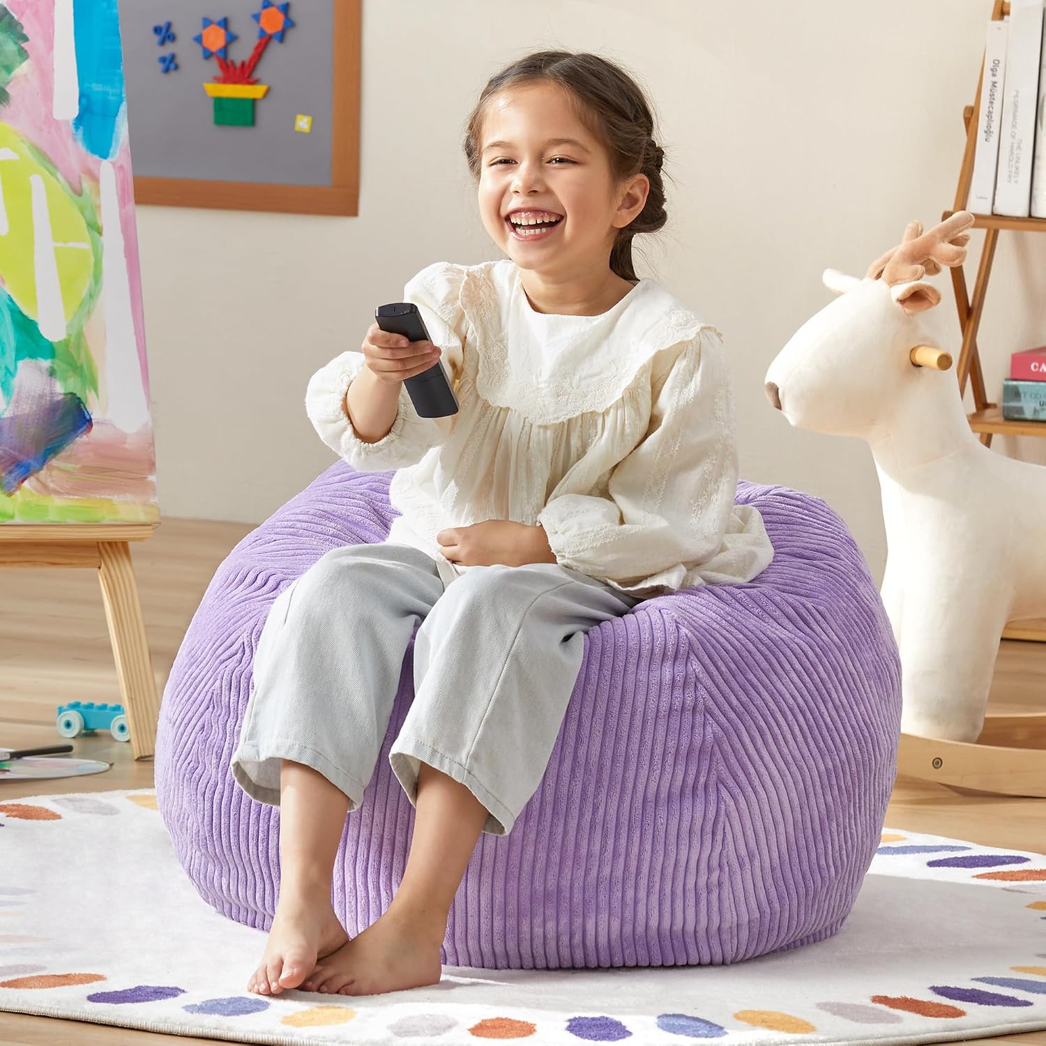 Hobestluk Kids Bean Bag Chair Teardrop Shape with Filling, 2.5FT Purple | Soft Fabric, Corduroy Cover, Removable and Washable, Memory Foam Filler, Portable Handle, Gaming, Relaxing, For Living Room