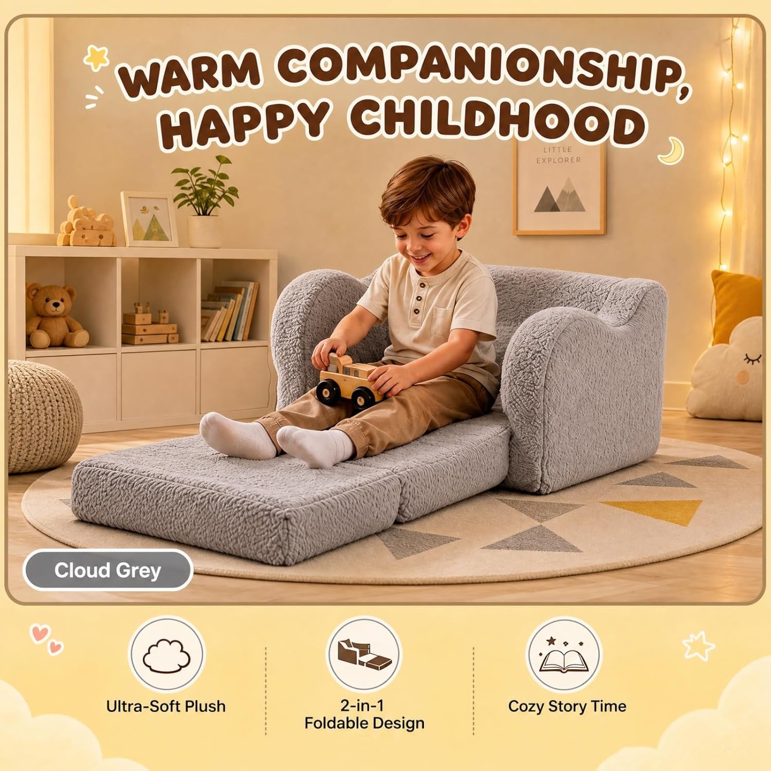 MOMCAYWEX Kids Sofa, 2-in-1 Flip-Out Foam Couch with Soft Sherpa Cover, Cozy Play Lounge Chair, Grey