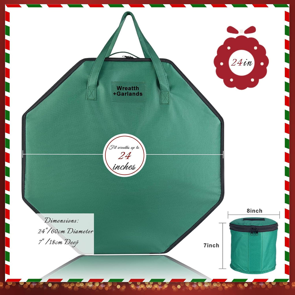 BrilliantJo Wreath Storage Hard Shell Christmas Decorations Case Bag with Interior Pockets 600D Oxford Fabric 24 Inch Xmas Container Box for Holiday Zipper and Handles Labeling Card Slot Green
