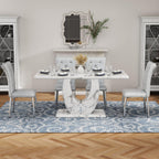 Modern Faux Marble Dining Table Set for 4, 63" White Rectangular Kitchen Table with Elegant U-Shaped Pedestal Base & 4 Tufted Upholstered High-Back Chairs, Luxury 7-Piece Dining Room Furniture Set