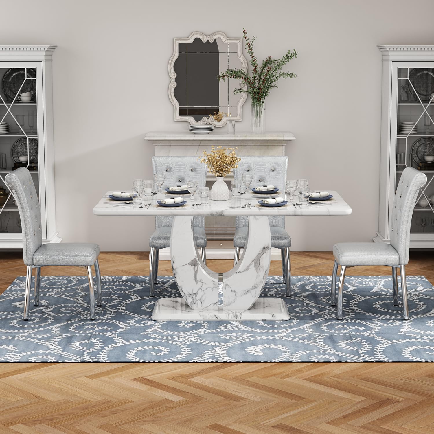 Modern Faux Marble Dining Table Set for 4, 63" White Rectangular Kitchen Table with Elegant U-Shaped Pedestal Base & 4 Tufted Upholstered High-Back Chairs, Luxury 7-Piece Dining Room Furniture Set