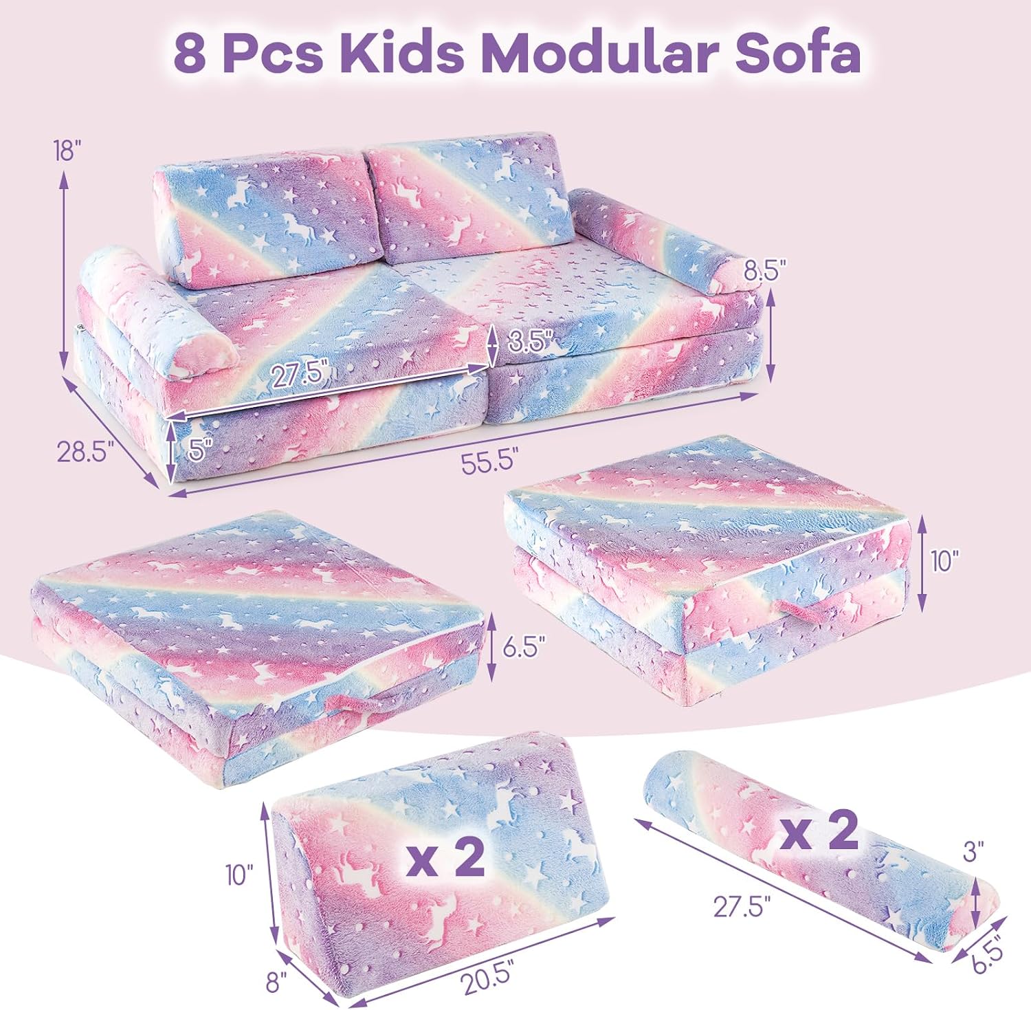 Costzon 8 Pcs Modular Kids Play Couch, Glow in the Dark Toddler Sectional Sofa with Handles, Convertible Sofa Foam Couch for Building Fort, Playroom & Kids Room Furniture (8-pcs,Multicolor)